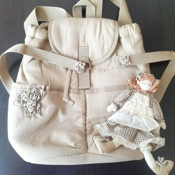 CORTILE Tan Girls Woman Drawstring Top Backpack with Doll and Flower Accent - Picture 12 of 13